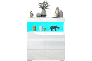 BESTWANTED Modern Sideboard Storage Cabinet,Wooden Display Cabinet LED Cupboard with 1 Drawer,2 Shelves and 2 Open Countertops for Living Room Bedroom Kitchen (White)
