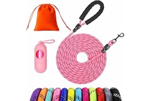 HMJMJC Reflective Training Leads for Dogs, 1.5M 3M 5M 10M 15M 20M 25M 30M Long Line Dog Lead with Double Clip and Soft Rubber Handle, Strong Recall Training Leash for Small Medium and Large Dogs (Pink, 3M)