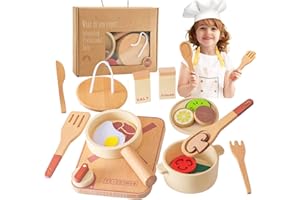 Smartwo Kids Wooden Pots and Pans Playset, Kitchen Accessories for Toddlers, Saucepan Toy Appliances, Children's Cooking Set with Utensils Food, Pretend Role Play for Girls Boys 2 3 4 5 Years Old