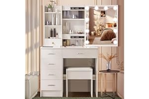 Dradaomull Tavolo da toeletta con illuminazione, tavolo da toeletta con specchio, tavolo da trucco, 3 colori con luminosità regolabile, scrivania per il trucco, 131 × 80 × 36 cm (M07)