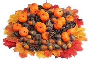 YiYa 150 Stück Thanksgiving-Tannenzapfen-Dekoration mit Mini-Kürbissen, künstlichen Eicheln, Ahornblättern für Herbst, Festliche Party, Thanksgiving, Zuhause, Hochzeitsdekoration