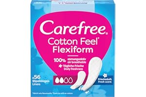Carefree Wkładki Cotton Feel elastyczne o świeżym zapachu (56 sztuk), 100% przepuszczające powietrze, długo utrzymujące się uczucie świeżości, rozmiar normalny
