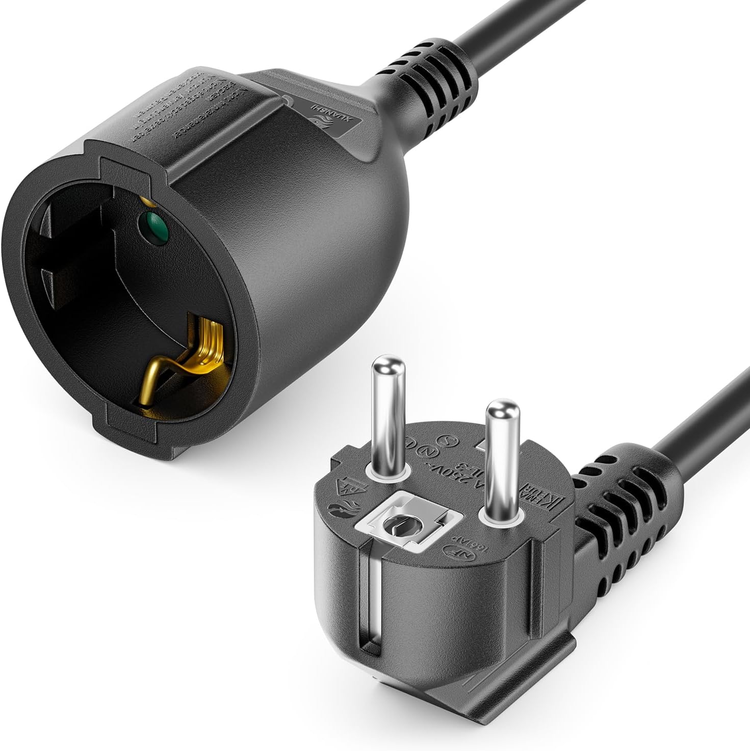 deleyCON 2m Cable de Extensión con Enchufe Tipo F (CEE 7/7) en ángulo de 90° a Toma (CEE 7/3) con Protección de Contacto, para TV, PC, Ordenador y Proyector - Negro