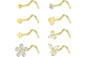 WillTen 8Pcs Piercing Nariz Curvados, 20G 18G Piercing Nariz Acero Quirurgico Plata Oro con Circonita Cúbica, Pendientes Nariz Nostril Cartílago Hélix Piercing Joyería para Mujeres Niñas