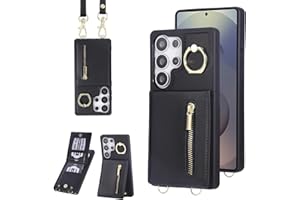 Jcxtrombulous Hülle für Galaxy S25 Ultra Hülle Stoßfeste Handyhülle mit Verstellbarer Halskette RFID Reißverschluss Geldbörse Etui mit Kartenfach mit Band Ring Ständer Case für Frauen-Schwarz