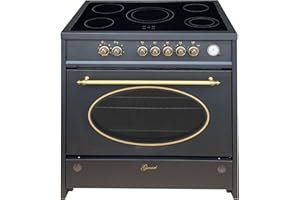 GURARI Cuisinière électrique 90 cm GCH E 912 BL Retro vitrocéramique noire - Range Coocker 121 L - Air chaud - Grill - 5 zones de cuisson - Autonome