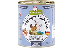 GranataPet Comida Favorita para Pescado Blanco y Aves de Corral, Comida húmeda para Perros, Comida para Perros sin Cereales y sin azúcares, pienso Completo, 6 x 800 g