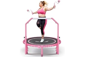 JOY SPOT! 450 LBS Foldable Mini Trampoline for Adults, 40 inch Indoor Fitness Rebounder with U-Shape Adjustable Foam Handle, Quiet Bungee Jump System & Cordless Jump Ropes