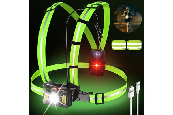 GOMETY Löparlampa med 2 reflektorer, LED-löparlampa med 2 reflektorband, 5 ljuslägen, ficklampa, USB, uppladdningsbar bröstlampa, löpning, 65° justerbar, vattentät, lätt för löpare, jogging