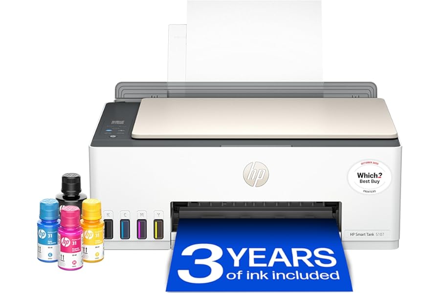 HP Smart Tank 5107 All in One Printer | Perfect for Home | Colour | Wireless | Print, Scan, Copy | Refillable | Includes up to 3 Years of Ink | Smart Buttons | Easy Setup | Reliable Wi-Fi