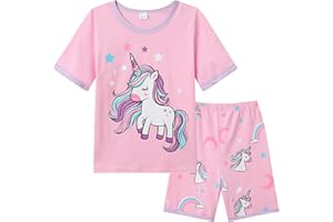 Dinopjs Pigiama da bambina a maniche corte, set di magliette con pantaloncini, abbigliamento da casa, comodo e traspirante, per bambini 2-7Y