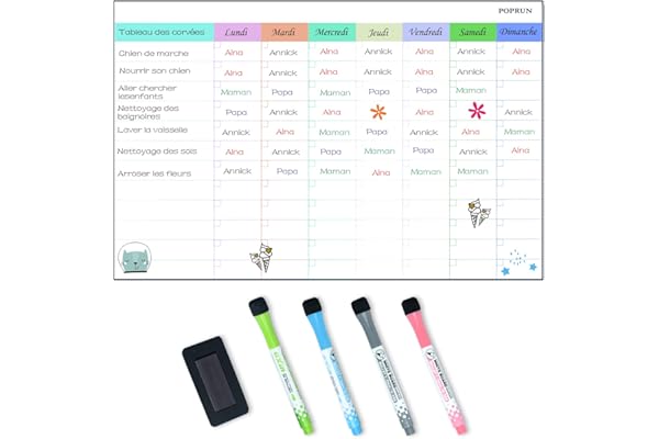 POPRUN Planning Semaine magnetique,Tableau Semainier Frigo effaçable,2 planificateur mensuel,idéal pour Planification des Tâches,Menus,Organiseur Hebdomadaire Repas 43×28cm - en Français
