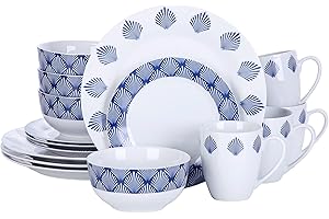 VEWEET, Serwis stołowy z porcelany z serii „Drew”, 16-częściowy serwis okrągłych naczyń: 4 talerze deserowe, 4 talerze obiadowe, 4 filiżanki do kawy i 4 miseczki, niebiesko-białe liście