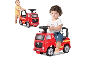 DREAMADE Voiture Enfant Porteur pour 2+ Ans, Camion de Pompiers avec Phares, Klaxon, Musique, Volant, Rangement sous Le Siège, Camion à Pousser Charge Max. 23 KG, Rouge