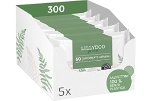 Salviettine naturali LILLYDOO green,300 pezzi (5x60),100% senza plastica e resistenti agli strappi – senza profumi, detergono delicatamente e con dolcezza la pelle sensibile,testate dermatologicamente