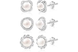 ASH'S CHOICE pendientes de perlas de plata de ley 925 para mujeres y niñas, pendientes de perlas de agua dulce, conjunto con pendientes hipoalergénicos, cartílago pequeños