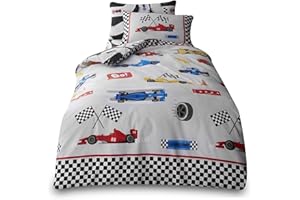 VELVETIO Easy Care Single Kids Duvet Cover Set with Pillowcase, Printed Boys & Girls Sports Car Bedding Bedset, Soft Reversible Racing Track Comforter Quilt, Grey