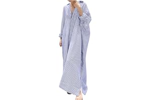 ZEIAYUAS Striped Maxi Dresses for Women Cotton Linen Shirt Dress Italian Kaftan Long Dress Button Down Oversized Beach Dresses Summer Loose Casual Holiday Dresses Lapel Long Sleeve Tunic Dresses