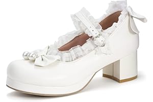 elerhythm Damen Mary Jane Plattform Chunky Block Heels Nettes Cosplay Kawaii Bow Lace Kleider Gekreuzt Runde Zehe Knöchelriemen Schuhe