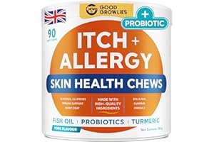 GOODGROWLIES Itchy Dog Skin Relief - Allergy Support Chews - Skin & Coat Supplement - Omega 3 Fish Oil - Itching & Paw Licking - Dry Skin & Hot Spots - 90ct/Pork