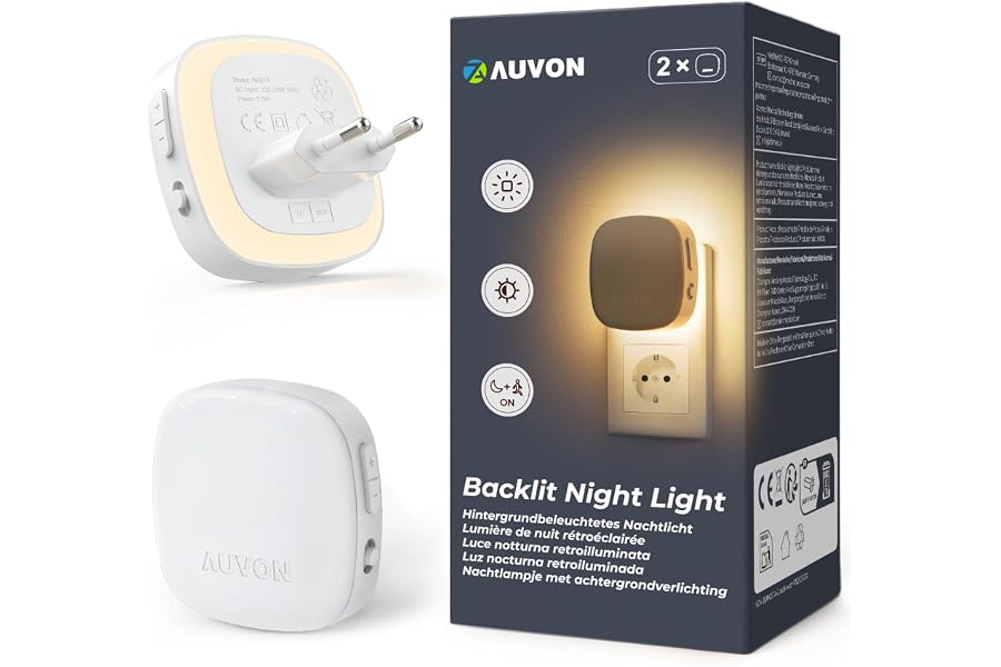 AUVON Nachtlicht Steckdose mit Bewegungssensor und Dämmerungssensor 2 Stück | 2200K Warmweißes LED hinterleuchtete Nachtlicht