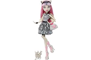 Monster High Rochelle Goyle Reprodukcja Lalka kolekcjonerska, podstawka, pamiętnik i gargulcowaty gryf Roux, zabawka dla dzieci 6+, fanów i kolekcjonerów, JHK57