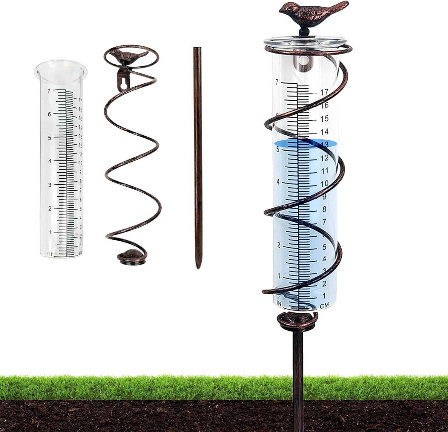 PORFOYO - Pluviómetro para exteriores, jardín anticongelante, pluviómetro de cristal con marco de metal, pájaro de hierro fundido para colgar y pluviómetro decorativo para exteriores