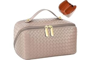 JUYANO Large Capacity Travel Cosmetic Bag Travel Makeup Bag Portable PU Leather Cosmetic Storage Bag, Double Zipper Waterproof Makeup Bag with Dividers and Handle for Women Girls