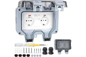 WOCVRYY IP66 Wodoodporne gniazdo zewnętrzne 16A 250 V Podwójne gniazdo zewnętrzne Wiatroszczelne i przeciwdeszczowe z oddzielnym przełącznikiem i wskaźnikiem oraz konstrukcją blokady odporną na
