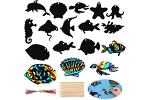 COMNICO Lot de 36 images à gratter pour enfants - Motif animaux marins - Arc-en-ciel - Avec tige en bois et ruban - Sirène - Bricolage - Bricolage - Pour fête, anniversaire, mer, thèmes de fête