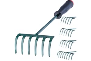 KADAX Grabie, mała grabie z trzonkiem, miotła do liści z metalu, kruszarka do liści, do ogrodu, rabatki, grabie trawnika, narzędzia ogrodowe, grabie siana, grabie ogrodowe, zielona (30 cm, 6 zębów)