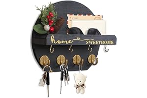 DXIUNOVE Key Holder for Wall Key Hooks Wall Mounted with Dried Flowers with Shelf and Wooden Key Holder Round Key Rack for Entryway Mudroom Hallway Kitchen Office (Black)