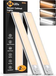 Gritin 26cm Schrankbeleuchtung Unterbauleuchte Küche Motion-Sensor, 2 Stück | Superhell Küche Licht 1800mAh Aufladbar,3 