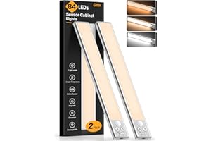 Gritin Lampe de Placard-84 LED Super Lumineuses, 26CM, 3 Couleurs&5 Luminosités, 4 Modes, Détecteur de Mouvement,Rechargeable 1800mAh Longue Durée-Installation Facile Lampe d'Armoire Magnétique-2 Pack