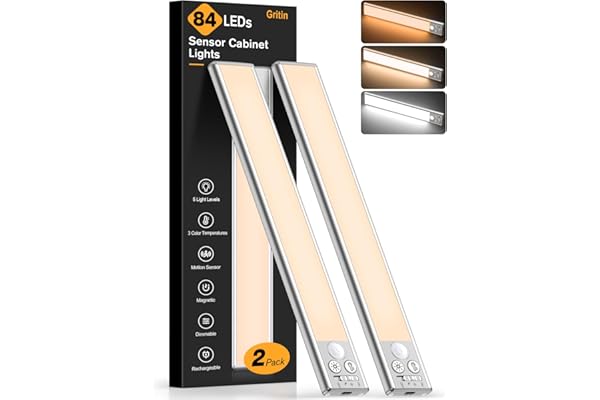 Gritin Luz de Armario Recargable, 84 LED Superbrillantes Luces Cocina - 3 Colores & 5 Niveles de Brillo, 4 Modos, Sensor Movimiento, Larga Duración, Fácil Instalación, Luces Armario Magnéticas-2 Pack