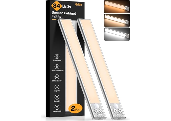 Gritin 26cm Schrankbeleuchtung Unterbauleuchte Küche Motion-Sensor, 2 Stück | Superhell Küche Licht 1800mAh Aufladbar,3…