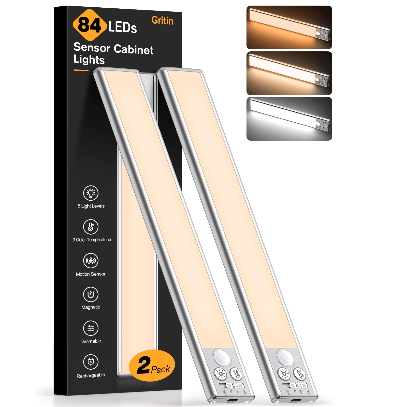 Gritin Under Cabinet Kitchen Lights Rechargeable-3 Color Temps&5 Level Brightness, Super Bright, 4 Modes, Motion Sensor, Long Lasting-Easy Installation Strong Magnetic Under Closet Light-26CM/2 Pack - 1