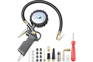 Adiwo Manómetro Presión Neumáticos 220PSI Pistola de Inflado Compresor Digital Manómetro de Alta Precisión con 25 pcs de Accesorios para Coche Moto Bicicleta Camión y Motocicleta