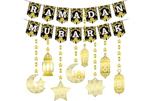LECONCES Ramadan Mubarak Garland Eid Decorations, Ramadan Mubarak Banner Shining Gold Star Moon Lantern Streamer Ramadan Hanging Wall Decorations for Islam Festival Party Supplies, Ramadan Kareem Decor