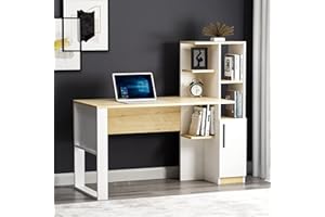 HOMIDEA TODY Scrivania per Computer - Tavolo da Lavoro con ripiani e vano portaoggetti con anta dal design moderno per ufficio soggiorno o la cameretta dei bambini (Bianco/Quercia)