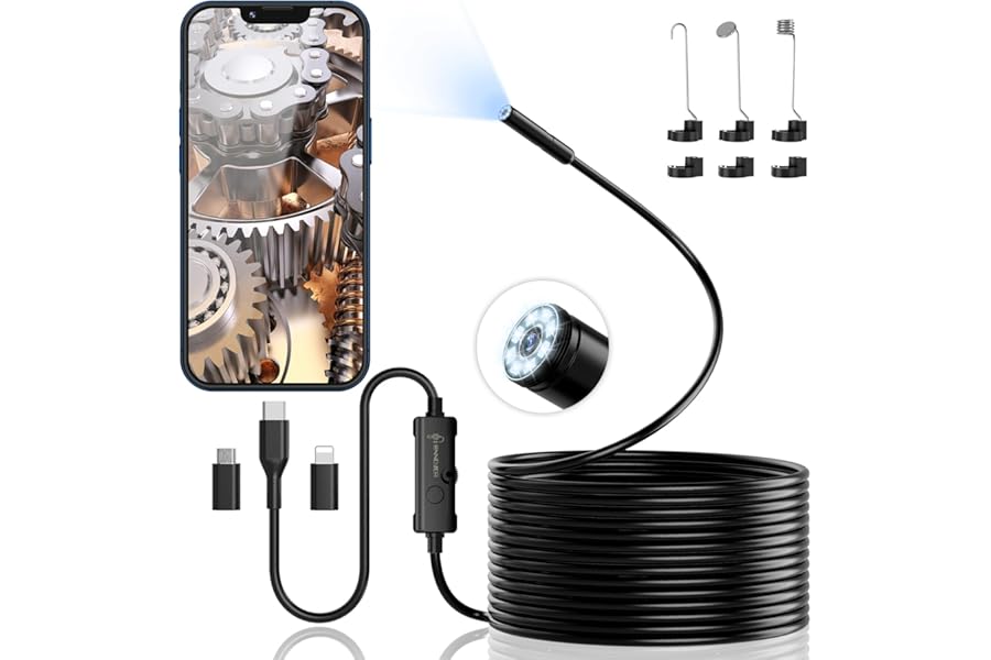 Endoscope Inspection Camera, Ennovor 1920 HD Flexible Rigid Snake Inspection Camera, 8 LED Lights No WiFi Endoscope, IP67 Waterproof Sink Pipe Drain Borescope, Android iOS Tablet Samsung (16.4 ft/ 5m)