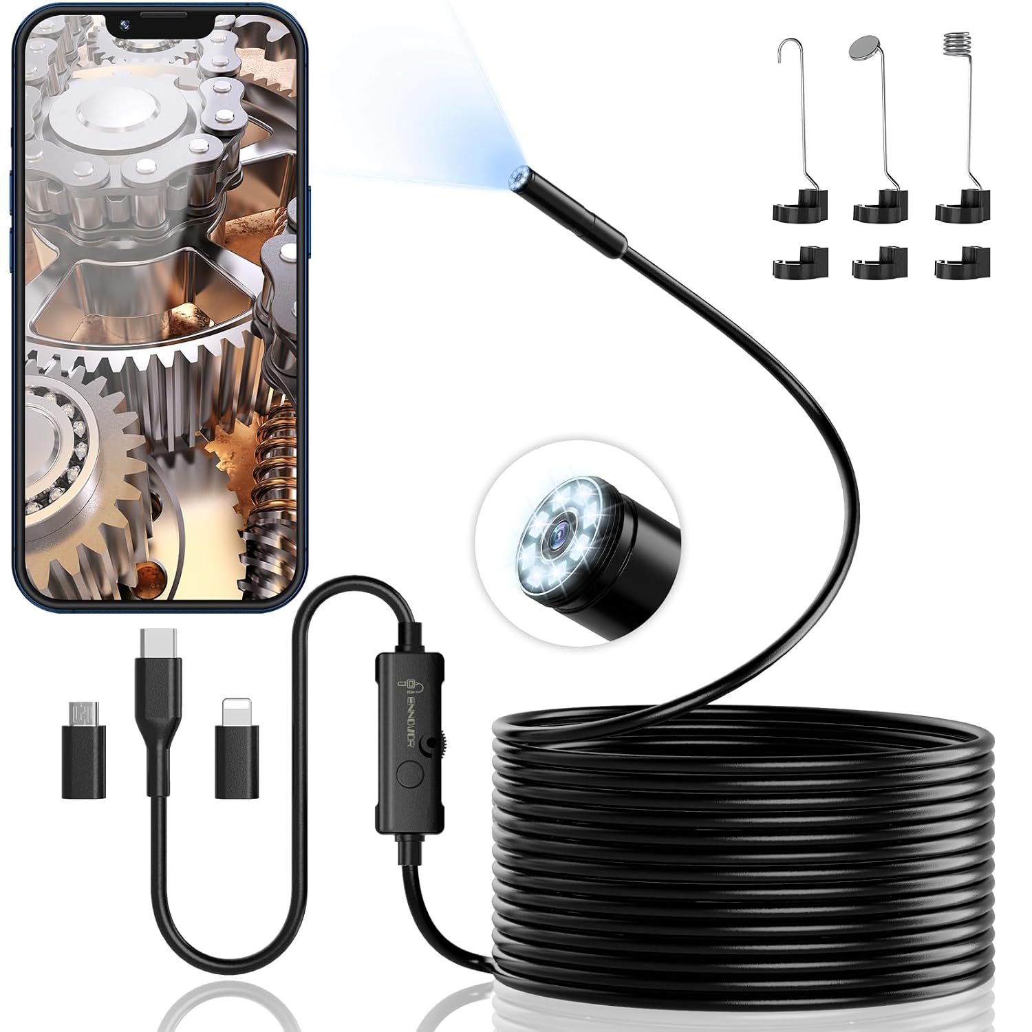 Ennovor 1920 HD-endoscopische inspectiecamera, flexibel en stijf, 8 ledlampen, zonder wifi, IP67 waterdicht, gootsteenpijp voor Android iOS en Samsung tablet (5 m)