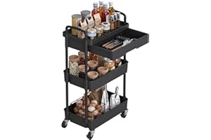 Dttwacoyh, 3-stufiger praktischer Handwagen, mobiler Wagen mit Schubladen, Aufbewahrungswagen mit Kunststoffregalen, geeignet für Büros, Küchen, Waschräume, Badezimmer, Make-up, schwarz