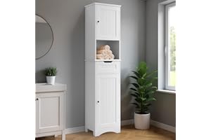 Blishom Armadio da bagno alto,Colonna Bagno Stretta con ripiani regolabili, cassetto, scomparto aperto, ante magnetiche e antiribaltamento, 170 x 40 x 30CM Bianco