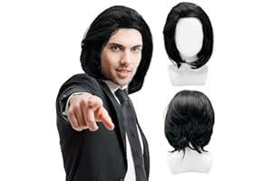 UILYNIU Peluca negra corta para hombre, de los años 80 y 90, disfraz punk rock, pelucas para hombre, se pueden atar en cola de caballo para fiestas, cosplay, Halloween, carnaval