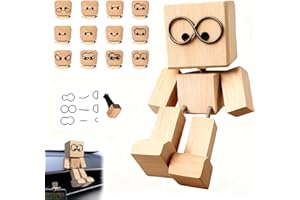 Bukbas Wackelnder Holzmann Auto, Schüttelmann aus Holz Wackelfigur mit 12 Magnetischen Ausdrücken Schwankt, Charmante Wackelnde Holzfigur Auto für Armaturenbrett Autozubehör Schreibtisch Deko