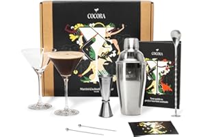 Cocora Set Martini | Set à Cocktail de 9 pièces | Shaker à Cocktail en Acier Inoxydable | Verres à Martini | Kit Barman | Livre de Cocktails (10+ Recettes) | Emballage Cadeau de Luxe (Argent)