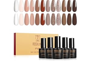 ROSALIND Smalti Semipermanenti per Unghie Marrone, 12 Colori Bianco Nude Marrone Smalto Semipermanente Glitter Colori, Soak Off UV/LED Smalto Gel Unghie DIY Nail Art Manicure Regalo