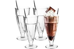 binsakao Lot de 4 verres à milkshake avec 4 longues cuillères en métal, verres à soda à l'ancienne, verre classique pour crème glacée (300 ml, transparent)