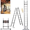 Telescopic Ladder with Stabiliser Bar, 5M/16.5FT Extension Ladder 2.5M+2.5M A-Frame Multi-Purpose Collapsible Ladder, Anti-Slip Loft Ladder Portable Folding Ladder Extendable 16 Steps, Max Load 150kg